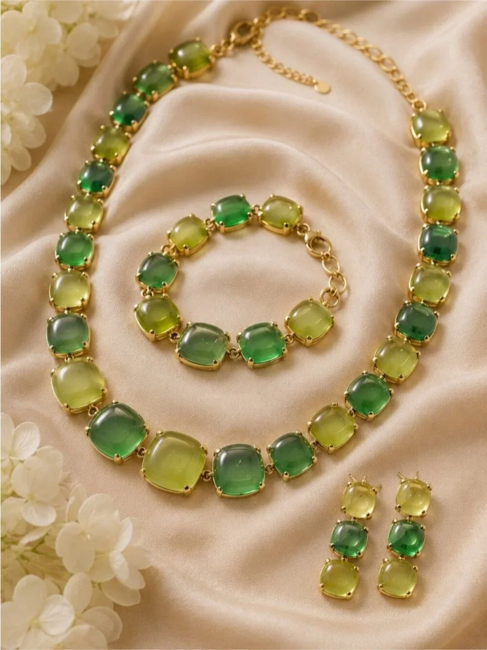 Green and Yellow Acrylic Resin Square Chain Necklace Bracelet Earrings Set